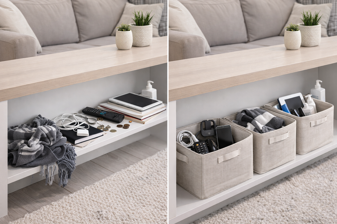 Bright living room shelf with small household clutter on one side and neatly organized storage baskets on the other