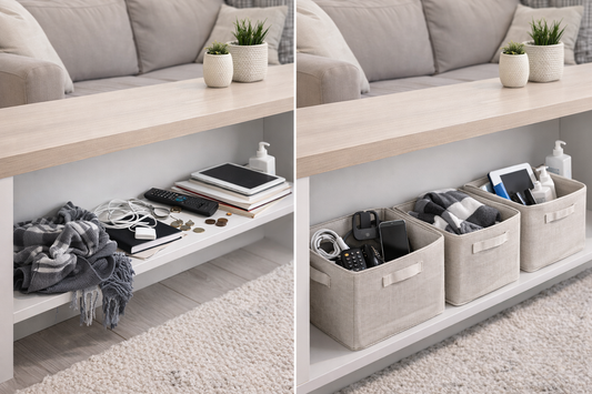 Bright living room shelf with small household clutter on one side and neatly organized storage baskets on the other
