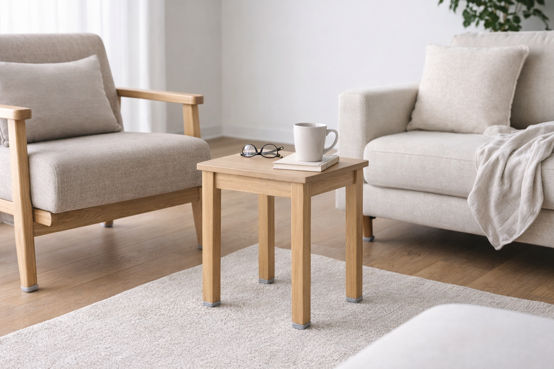 Bright living space with chair and side table arranged in a practical setup for easier everyday use