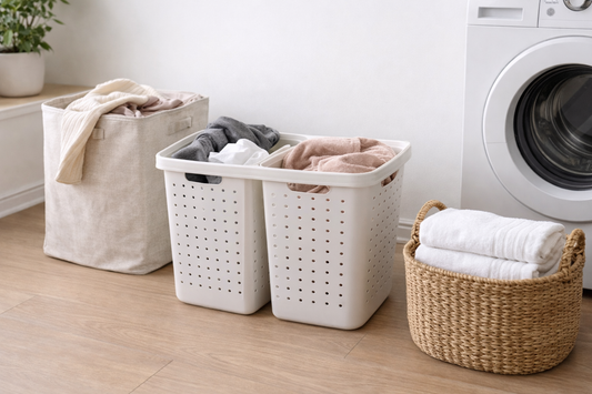 Laundry area with separate bins and baskets arranged to sort clothing and linens by washing stage