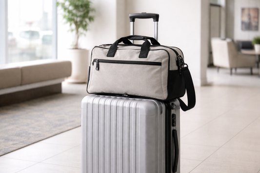 Rolling luggage and travel bag arranged together in a bright travel setting for smoother movement and easier access