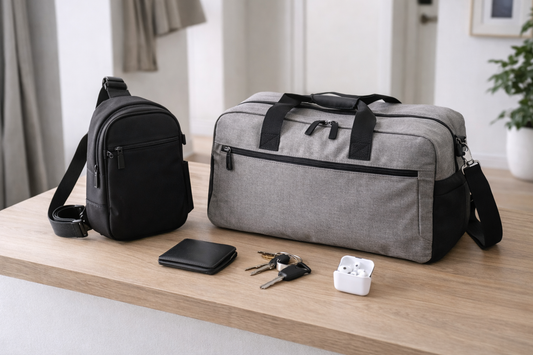 Men’s travel and everyday carry setup with a compact bag and short-trip essentials arranged for practical daily use
