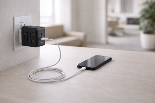 Travel power adapter and charging cable arranged on a bright surface for simple device charging during travel