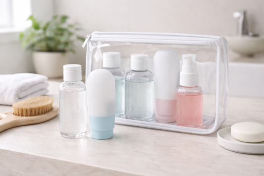 Refillable travel containers and toiletry items arranged neatly on a bright surface for simple, organized packing