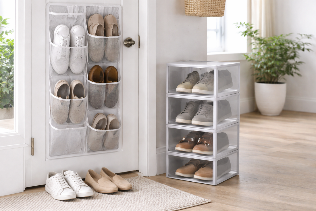 Shoes arranged in a bright entryway with a structured organizer that keeps pairs separate and easy to return