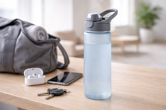 Sports water bottle placed in a bright everyday setting for easy hydration and frequent refill use