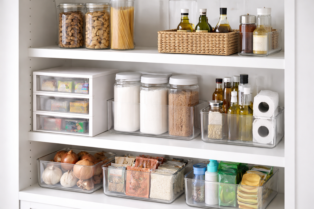 Storage containers and organizers arranged in clear zones on bright kitchen and household shelves