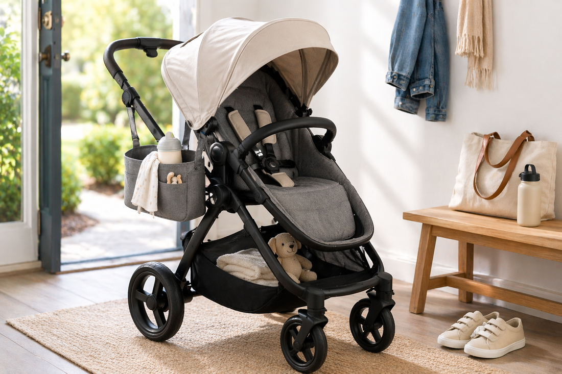 Stroller positioned in a bright everyday setting with a practical setup for smooth stop-and-go movement