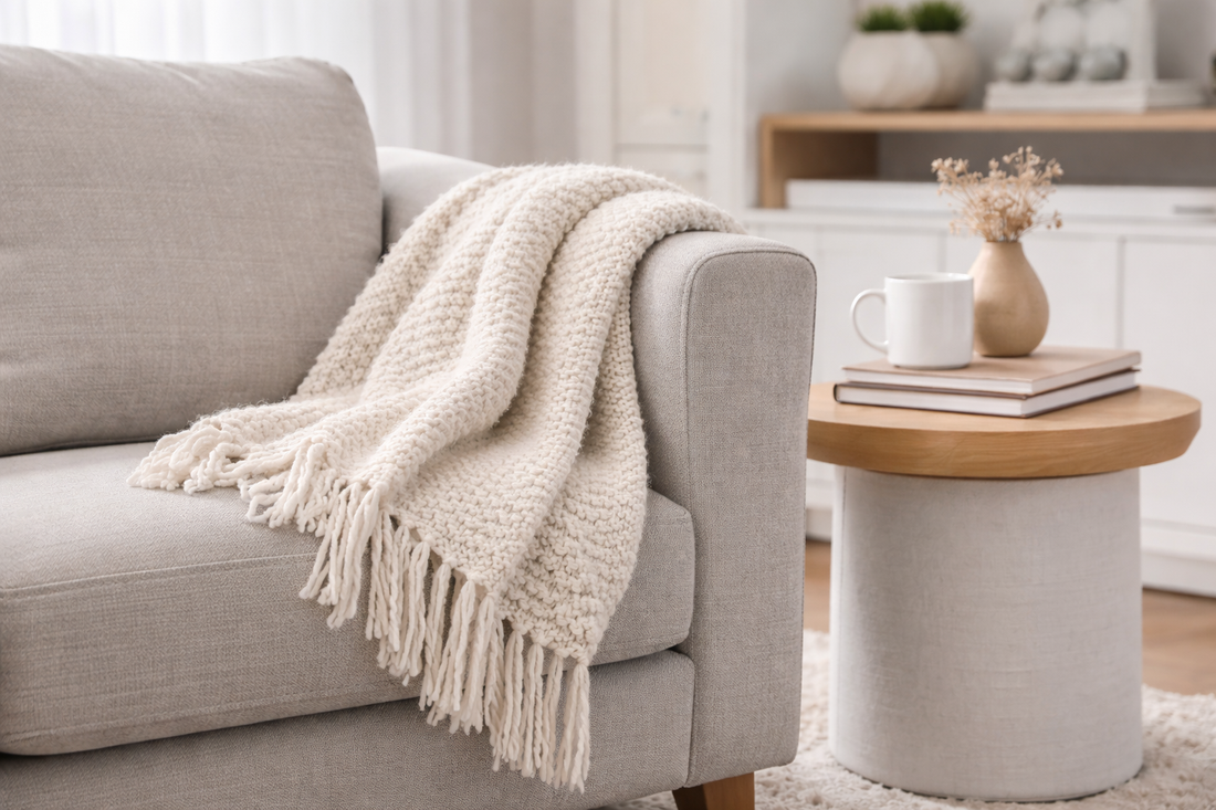 Light throw blanket draped over a sofa arm in a bright living room with an easy-to-reach everyday setup