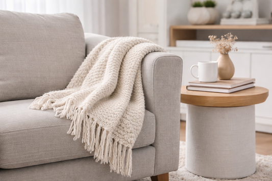 Light throw blanket draped over a sofa arm in a bright living room with an easy-to-reach everyday setup