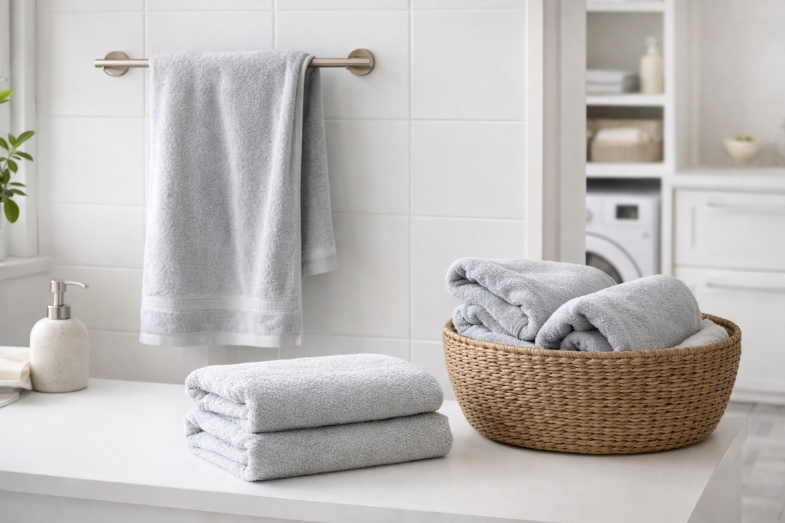 Folded towels, a hanging towel, and backup towels arranged in separate zones for easy use and drying