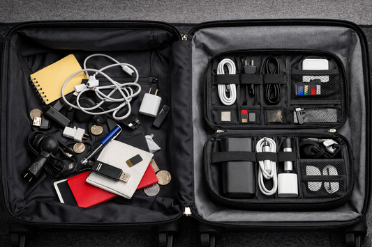 Open carry-on bag with loose travel accessories on one side and an organized electronics pouch on the other