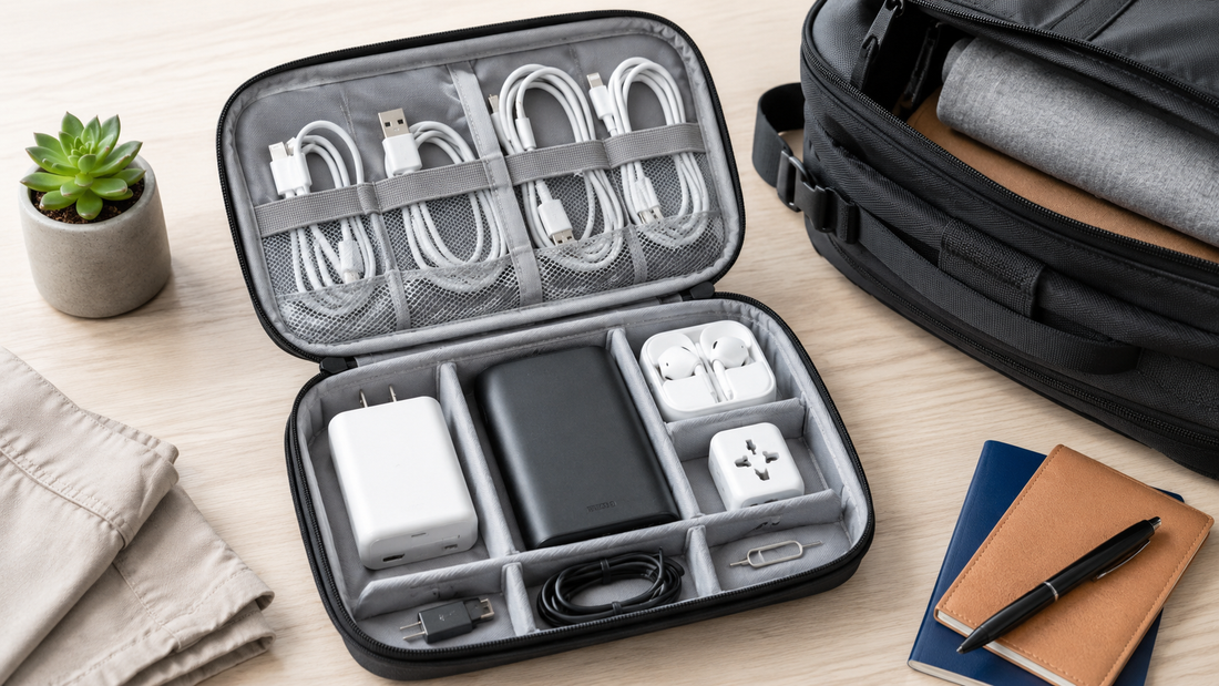 Open travel electronics organizer with neatly packed charging cables, wall charger, power bank, earbuds, and adapters beside a travel backpack.