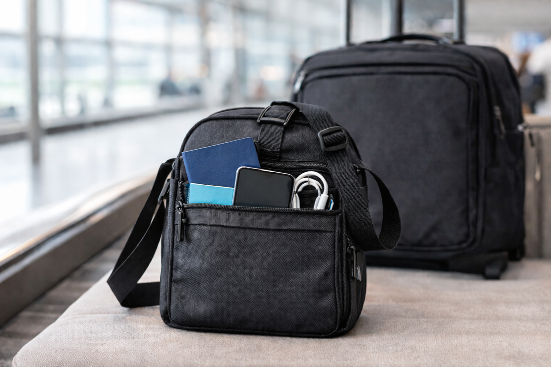 Small crossbody travel bag in front of a larger suitcase with a phone, cable, and travel essentials kept easy to reach