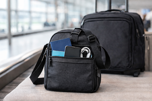 Small crossbody travel bag in front of a larger suitcase with a phone, cable, and travel essentials kept easy to reach