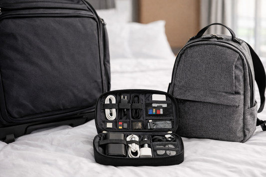 Main travel bag and small day bag on a bright surface with a compact case holding small travel essentials between them