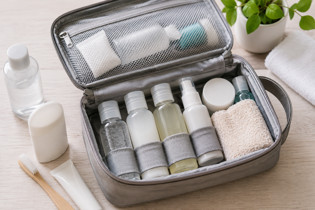 Travel toiletries packed upright in small bottles inside an organized toiletry bag to help prevent leaks.