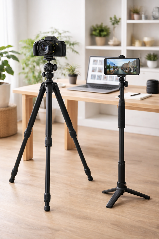 Tripod and monopod setup shown in a bright shooting space for stable framing and easier repeated use