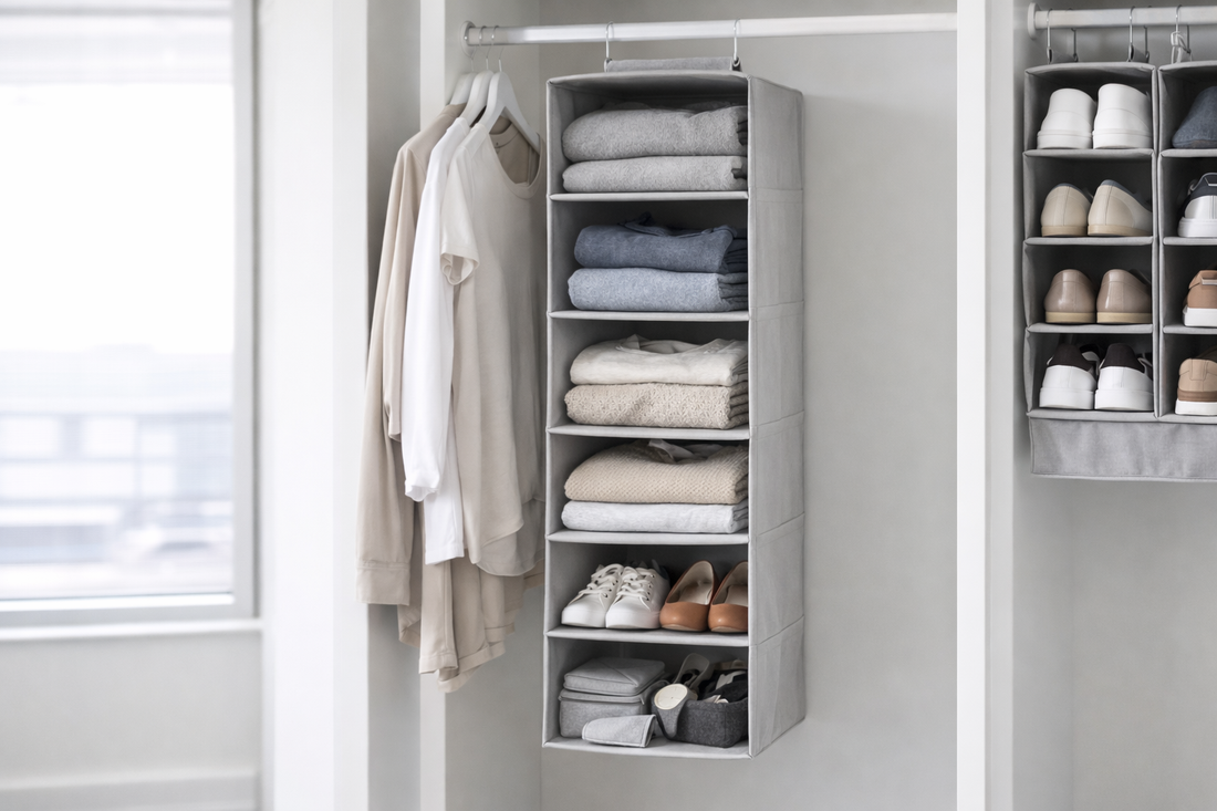 Hanging closet organizer with folded clothing and small items arranged in vertical sections inside a bright closet