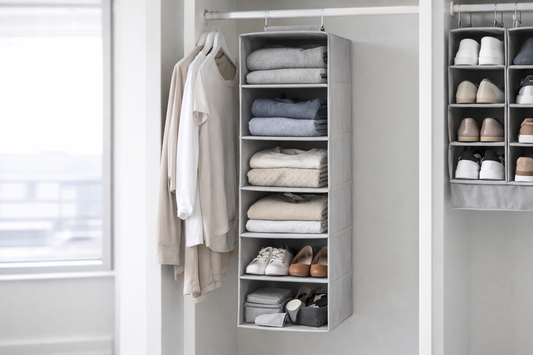 Hanging closet organizer with folded clothing and small items arranged in vertical sections inside a bright closet