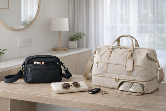 Women’s travel and everyday carry setup with a compact bag and short-trip essentials arranged for lighter, practical use