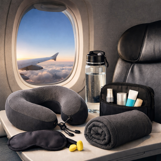 Travel accessories for long flights including neck pillow, eye mask, water bottle and carry-on essentials on airplane tray.