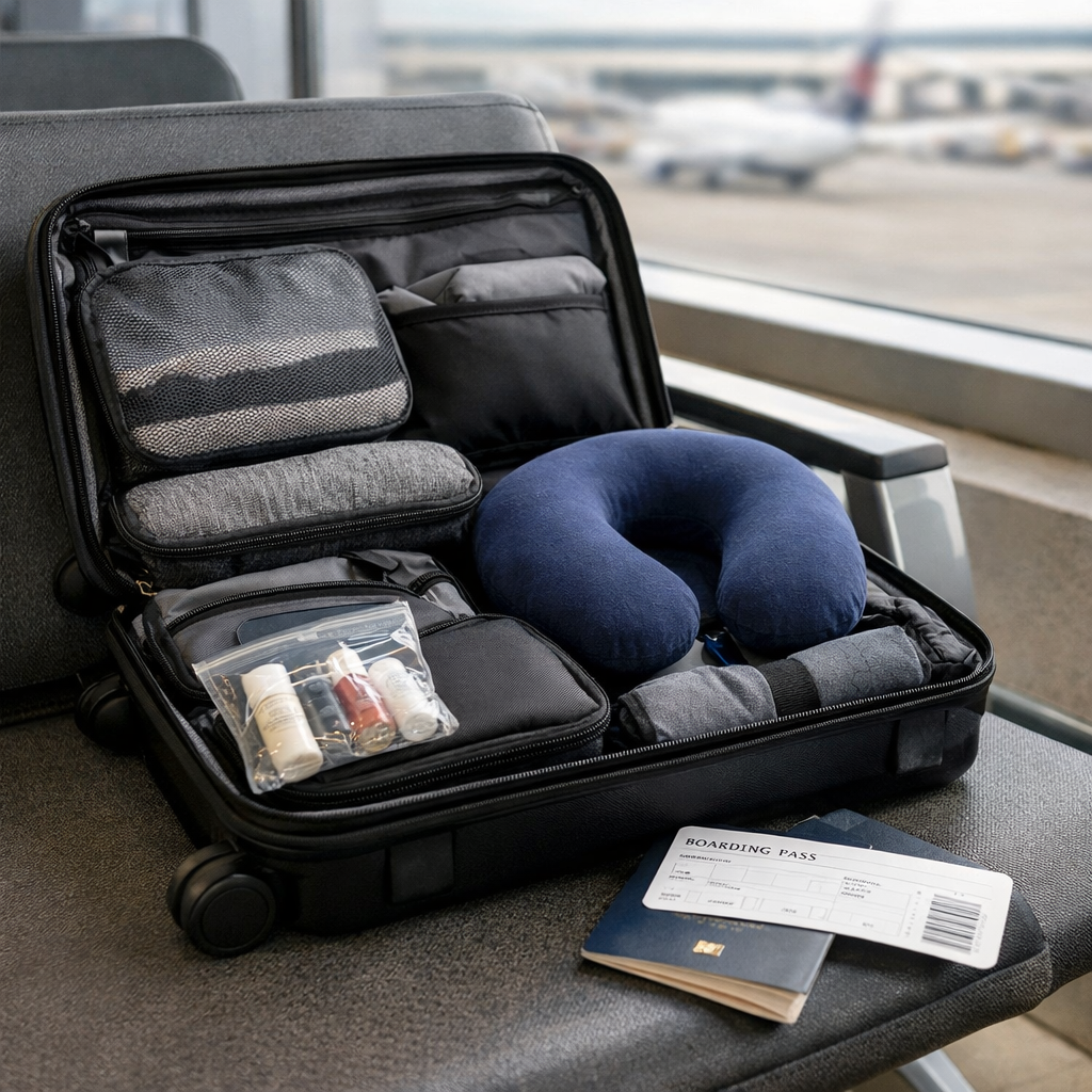 Open carry-on suitcase with packing cubes, travel pillow, and toiletry bag placed on airport terminal seat with boarding pass and passport.