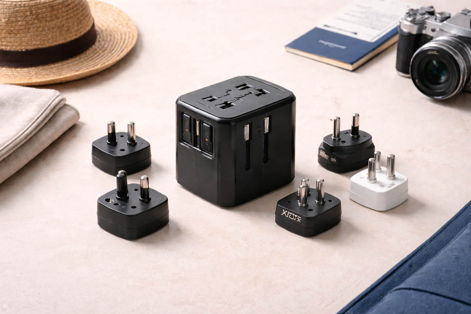 Travel power adapters and charging accessories arranged on a table for international travel preparation.