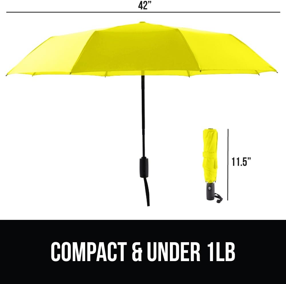 GORILLA GRIP Strong Stick Umbrella for Rain, Compact Travel One-Click Automatic Open Close, Lightweight, Portable, US Designed Reinforced Fiberglass Ribs, Wind Resistant, Easy Collapse, Yellow