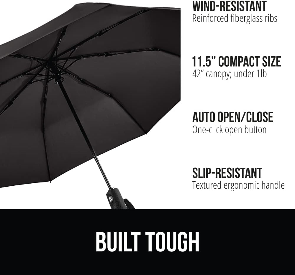 GORILLA GRIP Strong Stick Umbrella for Rain, Compact Travel One-Click Automatic Open Close, Lightweight Portable US Designed Reinforced Fiberglass Ribs, Wind Resistant Easy Collapse Black Green 2 Pack