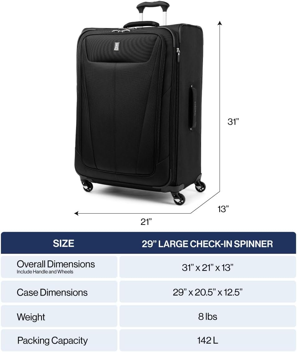 Travelpro Maxlite 5 Softside Expandable Checked Luggage with 4 Spinner Wheels, Lightweight Suitcase, Men and Women, Black, Checked Large 29-Inch