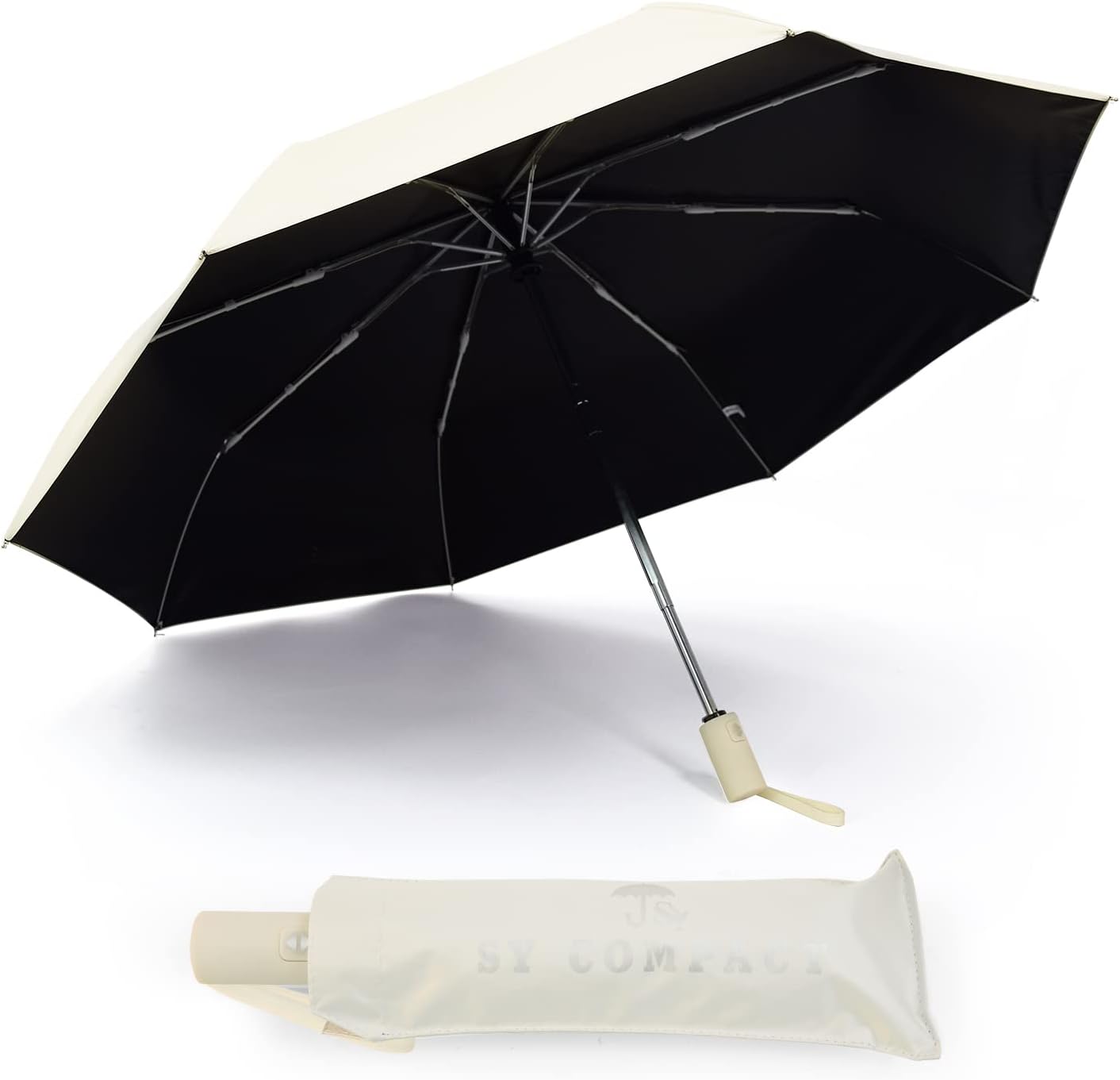 SY COMPACT Umbrella Automatic Travel Waterproof Light Folding Umbrellas Easy Carry for Women and Men (Creamy White)
