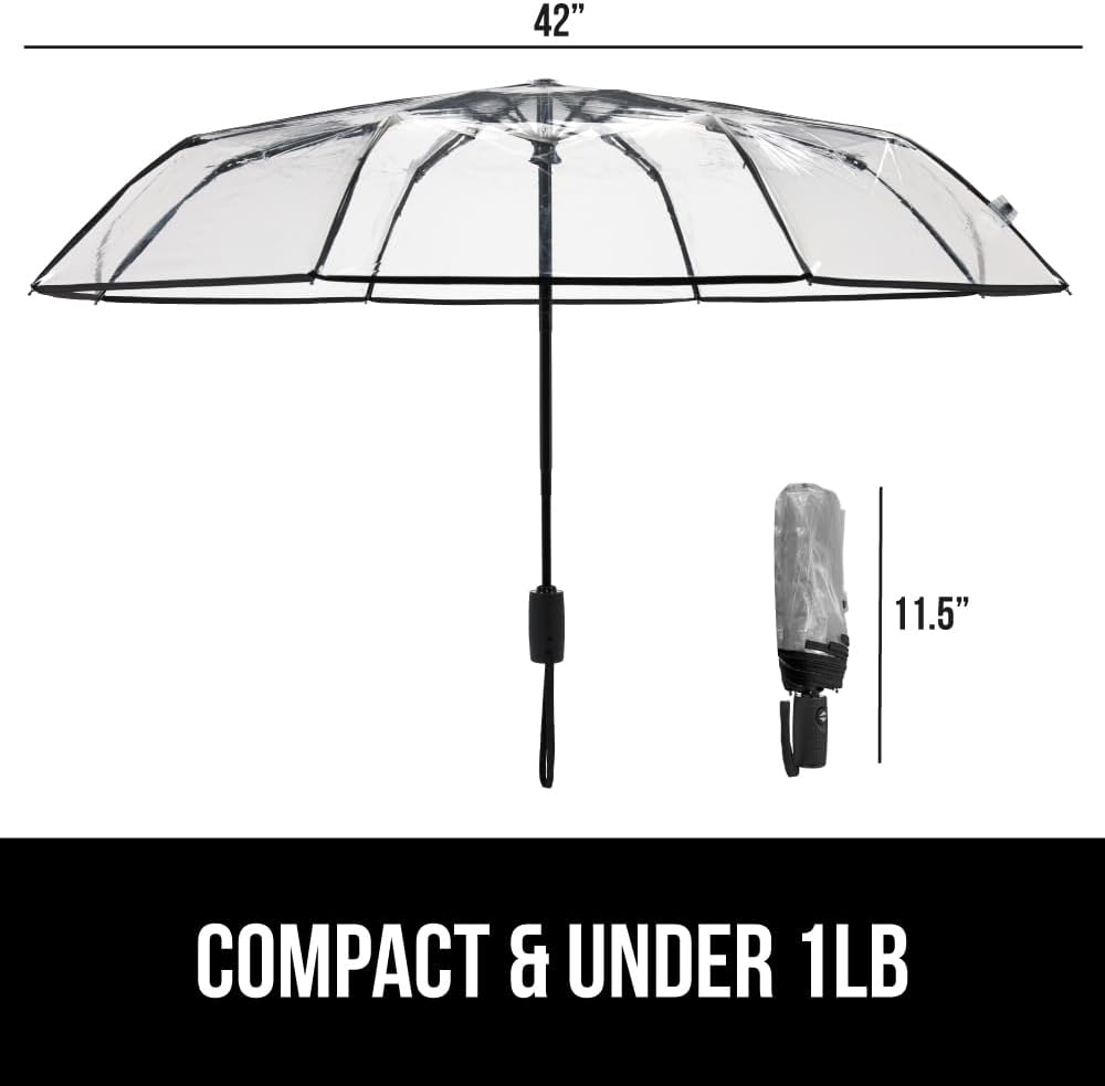 GORILLA GRIP Strong Stick Umbrella for Rain, Compact Travel One-Click Automatic Open Close, Lightweight, Portable, US Designed Reinforced Fiberglass Ribs, Wind Resistant, Easy Collapse, Clear