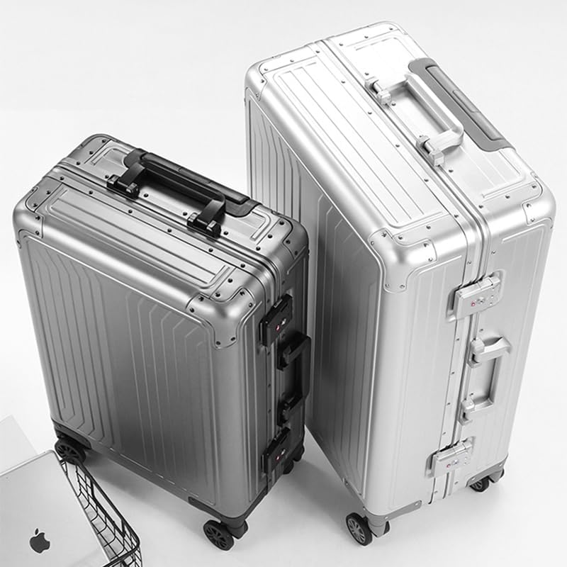 Metal all aluminum carry-on suitcase 20 "hard face, TSA lock and rotating wheel zippered luggage set (silvery, 20 '')