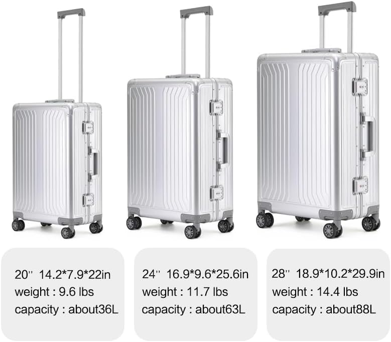Metal all aluminum carry-on suitcase 20 "hard face, TSA lock and rotating wheel zippered luggage set (silvery, 2Piece(20/28))