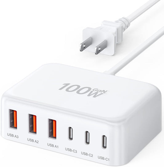 USB C Fast Charger, 100W GaN 6 Port Type C Charging Station Hub Block Cube, USB C Wall Charger Power Strip Adapter Plug for iPad iPhone 16 15 14 13 12 Pro Max Pixel Note Galaxy, 5ft Cord