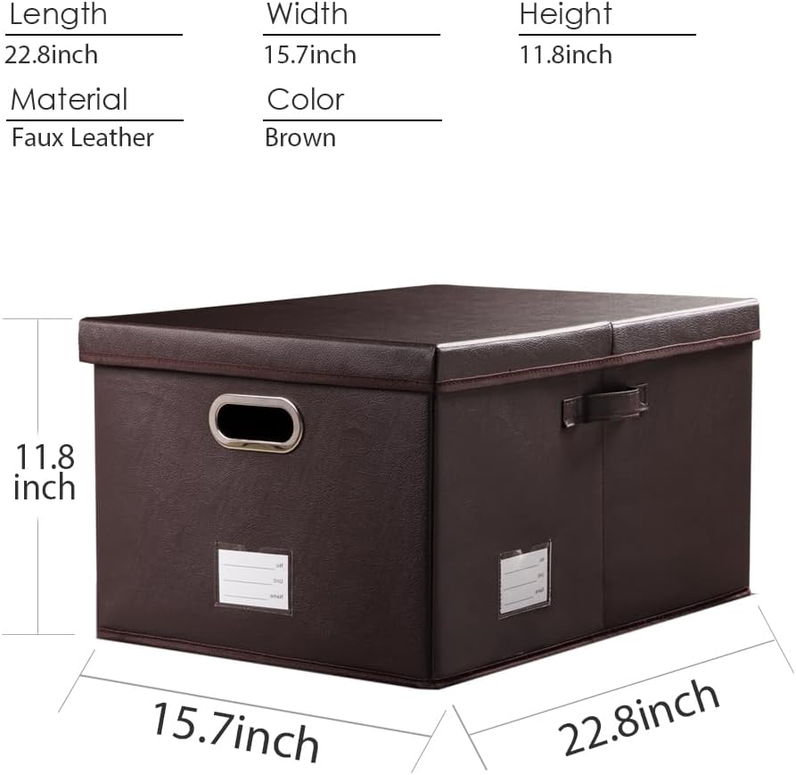 PRANDOM Collapsible Storage Box with Lid [3-Pack] Leather Fabric Foldable Storage Bin Organizer Container Basket Cube with Cover for Home Bedroom Closet Office Nursery Brown(22.8X15.7X11.8)