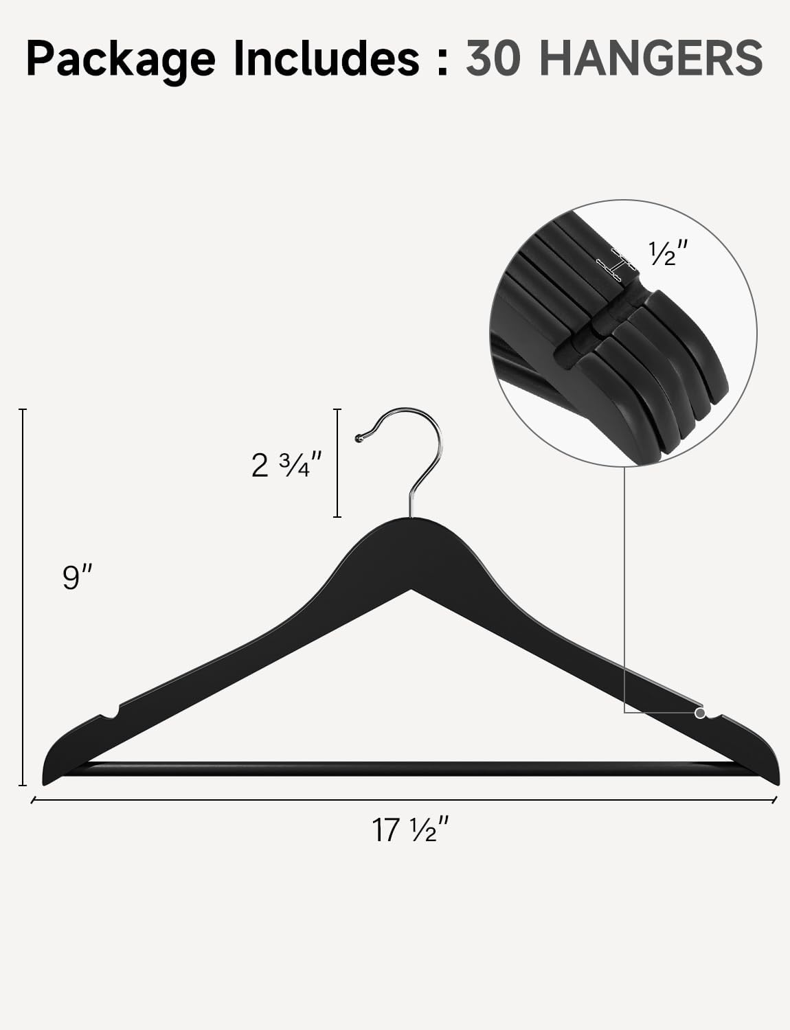 StorageWorks Black Wooden Hangers, 30 Pack Wood Hanger for Closet, Coat Hangers for Coats, Shirts, Pants, Suits