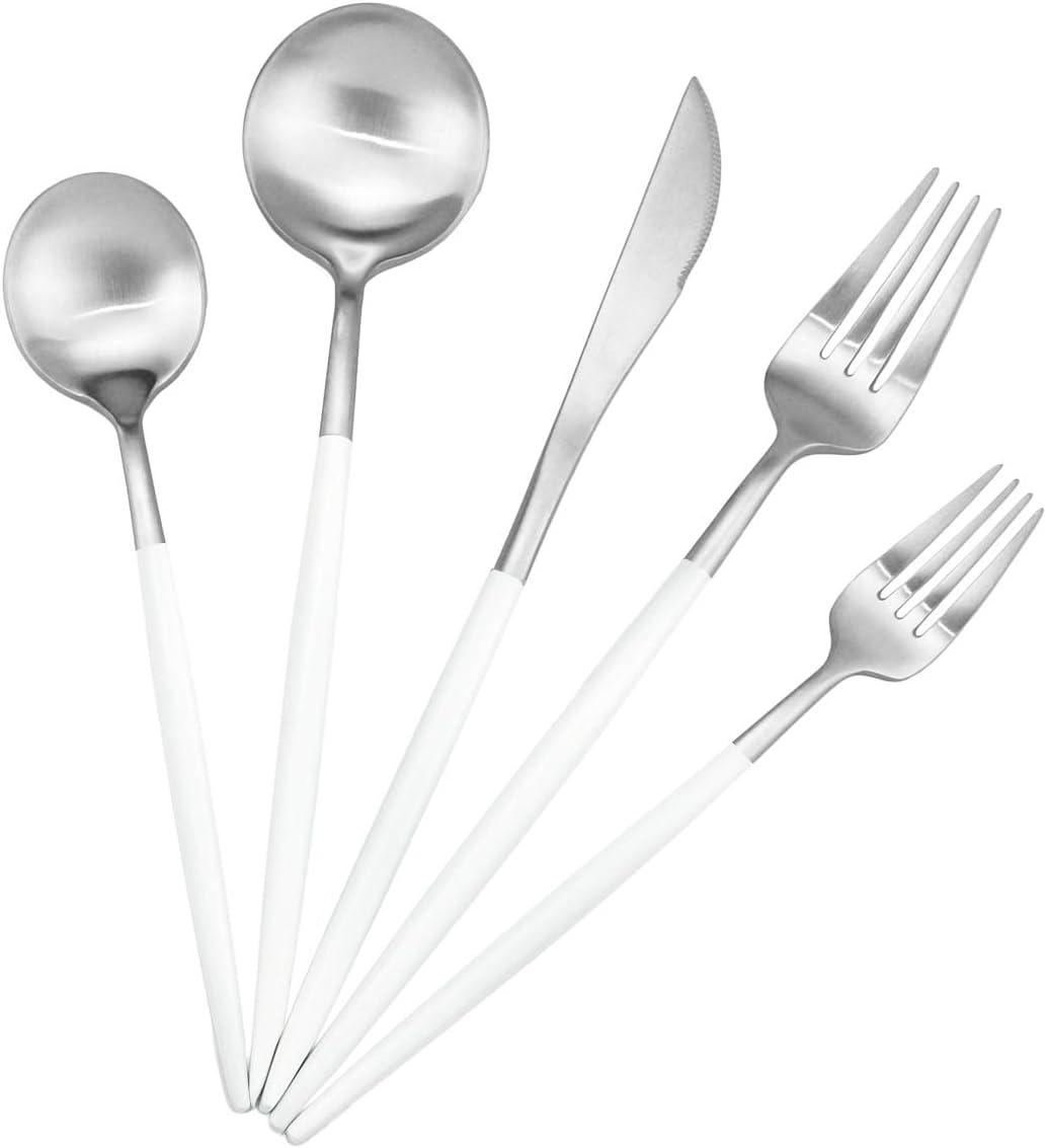 Gugrida 20-Piece 18/10 Stainless Steel Flatware Silverware, Luxury Dinnerware Set Travel Cutlery Tableware Include Knife Fork Spoon Service for 4, Dishwasher Safe (White Handle Matte Silver)