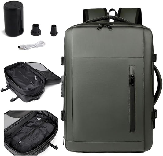 Vacuum-sealed travel computer backpack, Water-Resistant, With vacuum pump, Multiple Compartments, Anti-theft combination lock (Green)