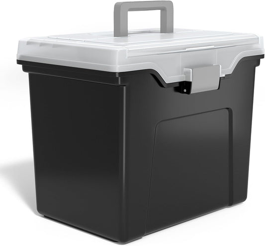 STAPLES File Folder Tote, Portable Filing Box, Letter Size Hanging Folders, Security Latch & Built-In Lid Organizer, Black/Clear