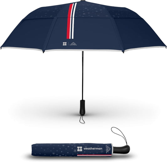 Weatherman - Folds of Honor - Premium Collapsible Travel Umbrella - Windproof, Compact, Easy Auto Open - Resists Up to 55 MPH Winds - Perfect for Celebrations (FOH Blue 2025)