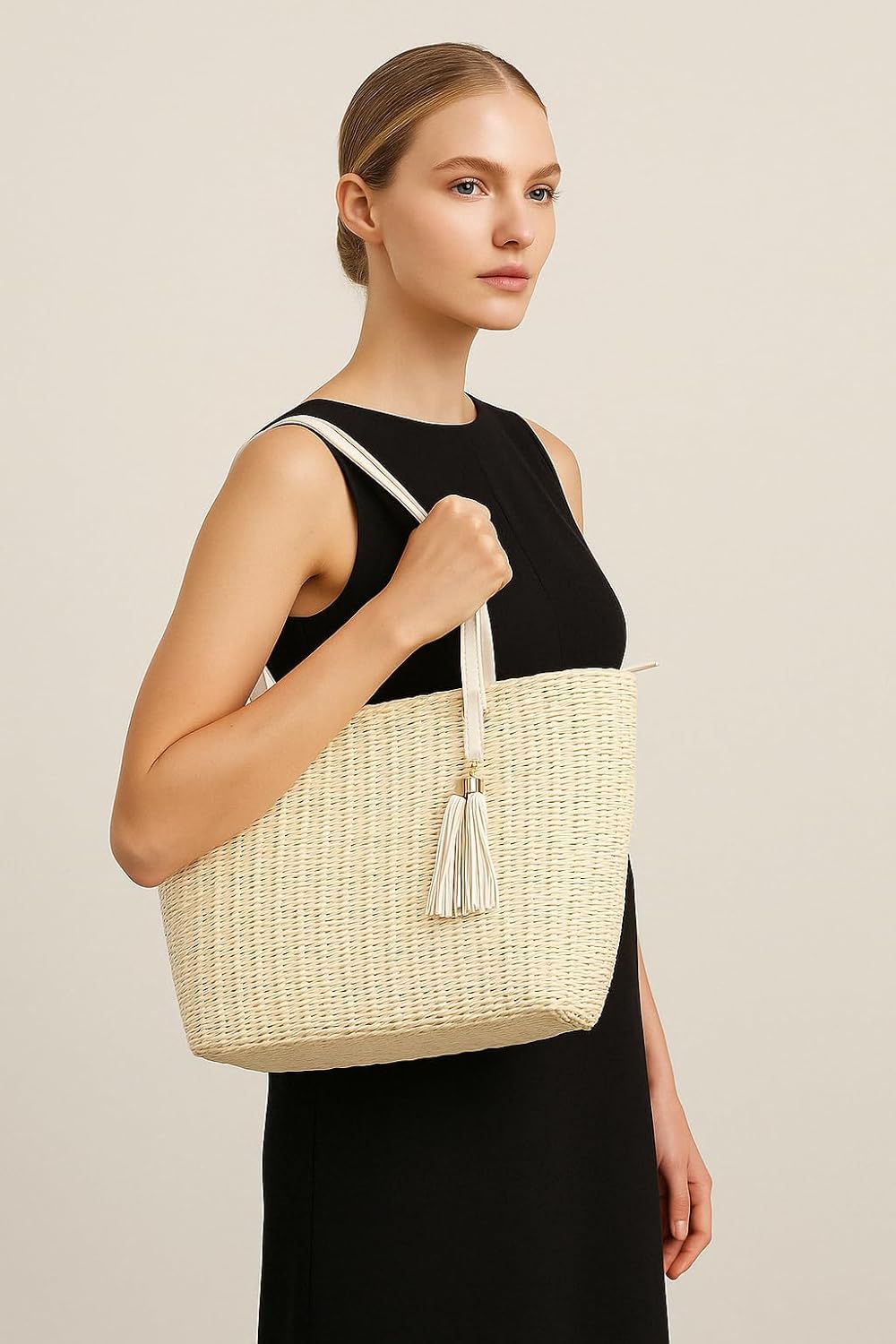 YXILEE Straw Bags For Women | M Size Travel Straw Totes Bag Woven Summer Handmade Shoulder Bag Handbag