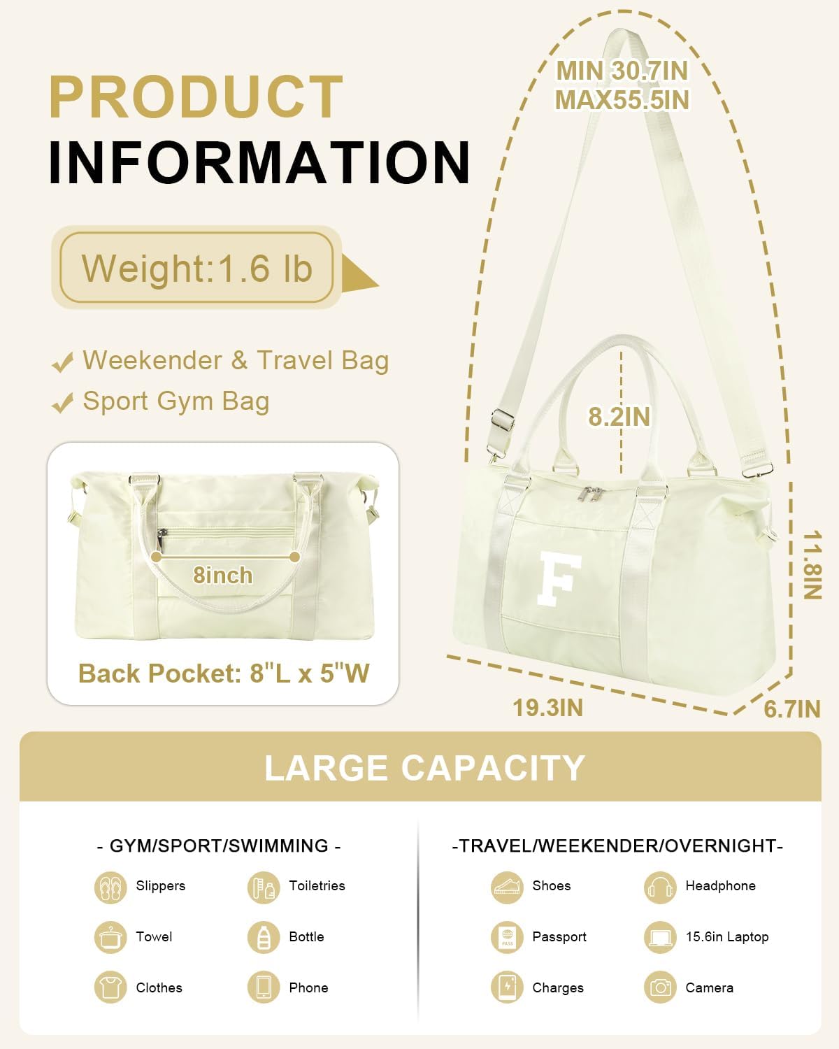 Initial Travel Duffel Bag Sports Gym Bag for Kids Teen Birthday Gifts,Beige Personalized Weekender Bag Carry On Dance Bags for Women Men,Waterproof Monogram Overnight Bag with Trolley Sleeve(Letter F)