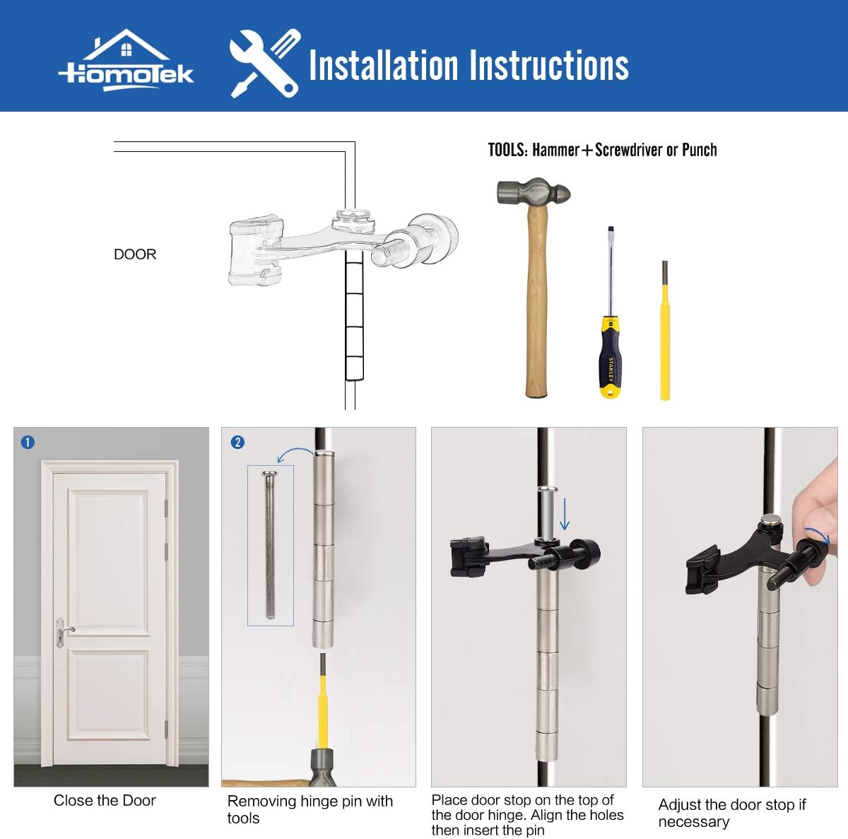 HOMOTEK 8 Pack Hinge Pin White Door Stopper,Adjustable Deluxe Heavy Duty Door Stopper 2-1/2"x1-3/4”,with White Rubber Bumper Tips