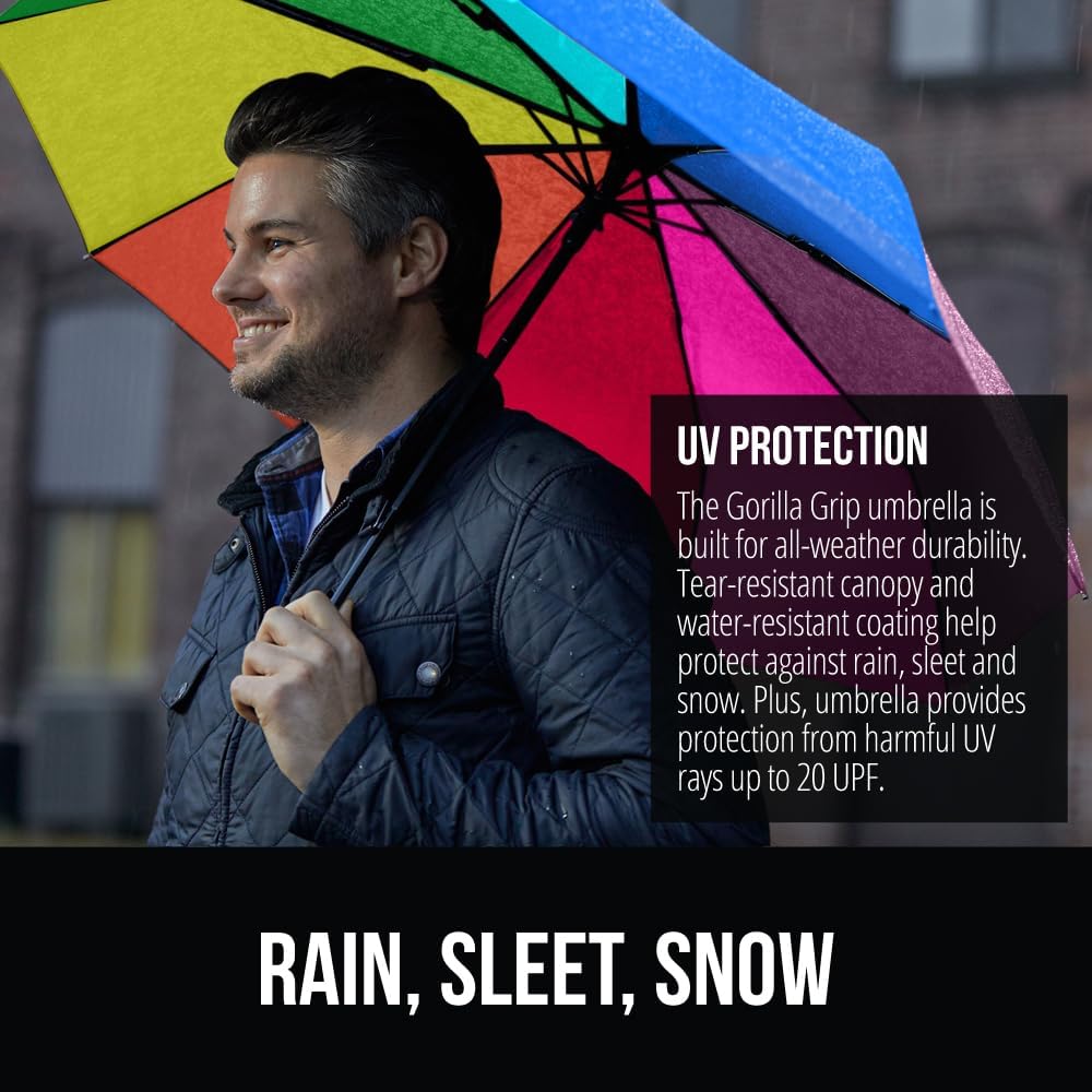 GORILLA GRIP Strong Stick Umbrella for Rain, Compact Travel One-Click Automatic Open Close, Lightweight, Portable, US Designed Reinforced Fiberglass Ribs, Wind Resistant, Easy Collapse, Rainbow