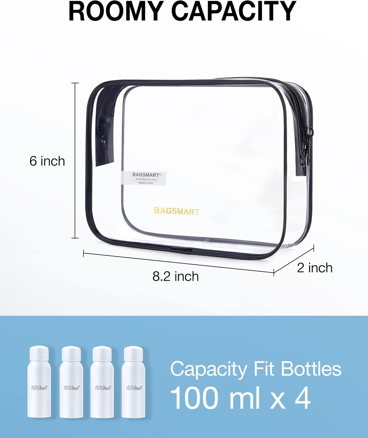 BAGSMART Clear Toiletry Bag, 2 Packs TSA Approved Water resistant Quart Size Travel Organizer, Airport Airline Travel Essential Carry On Makeup Cosmetic Bags for Women, Black