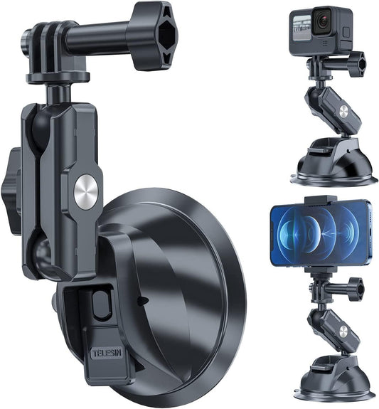 TELESIN Suction Cup Car Mount with Phone Holder, Windshield Window Dashboard Boats Vehicle Attach for DJI Action 5 Pro Action 4 3 GoPro Max Mini Hero 13 12 11 10 9 8 Insta360 X5 X4 X3 Ace Pro Pocket 3