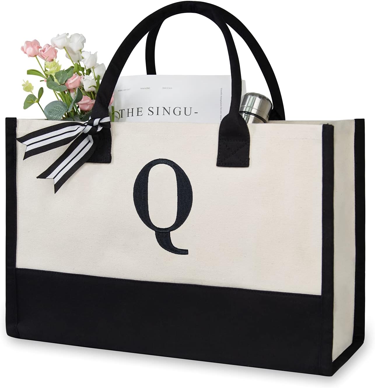 TOPDesign Embroidery Initial Canvas Tote Bag, Personalized Present Bag, Suitable for Wedding, Birthday, Beach, Holiday, is a Great Gift for Women, Mom, Teachers, Friends, Bridesmaids (Letter Q)