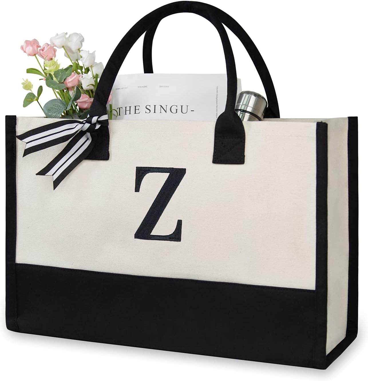 TOPDesign Embroidery Initial Canvas Tote Bag, Personalized Present Bag, Suitable for Wedding, Birthday, Beach, Holiday, is a Great Gift for Women, Mom, Teachers, Friends, Bridesmaids (Letter Z)